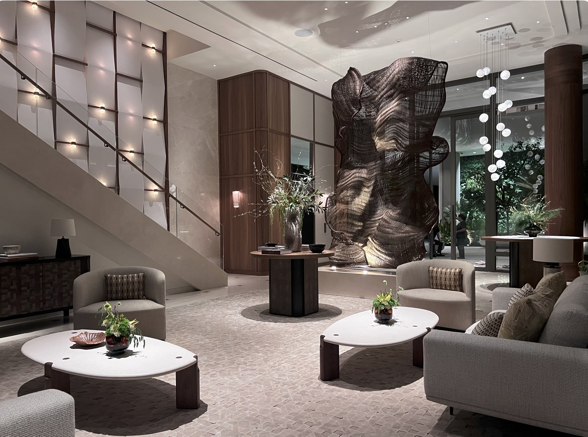 Lobby pendant installation by Alex Earl, Bangkok hotel sculptural lighting