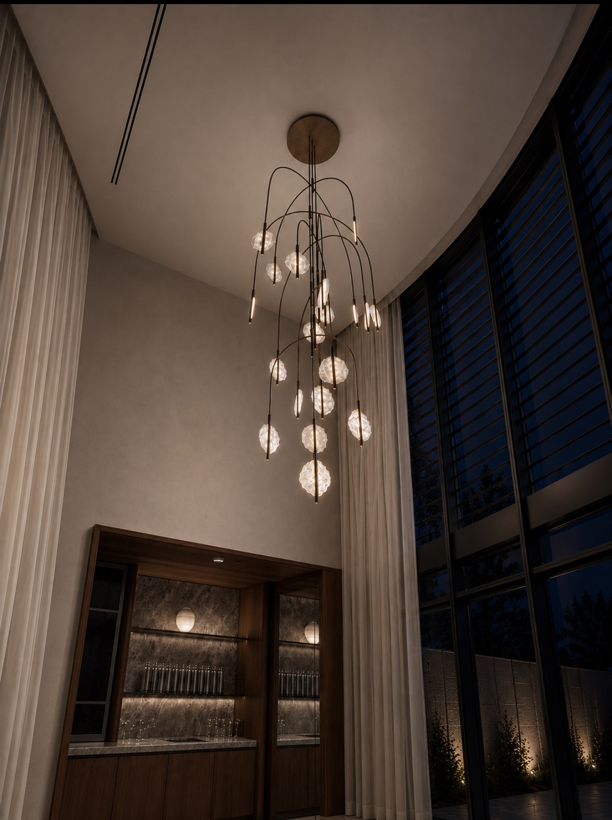 Sculptural brass and cast-glass chandelier by Alex Earl, Bangkok hotel hospitality lighting commission